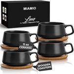 MIAMIO – 320 ml, Set of 4 Ceramic Tea Cup and Saucer Bamboo/Tea Mug - Wide Cappuccino Cup, Coffee Cups Ceramic Mug for Cappuccino, Latte, Espresso & Americano - Luxe Collection (Black)