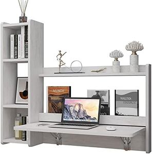 Pmnianhua Floating Desk,41'' Wall Mounted Desk Fold Down Laptop Desk Folding Space Saving Table Workstation with Storage Shelves for Bedroom Study Room Small Space (Off White-Right)