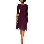 Alex Evenings Women's Tea Length Embroidered Bodice, Mother of The Bride Dress, Wedding Guest, (Petite and Regular Sizes) Special Occasion, Deep Plum, 14