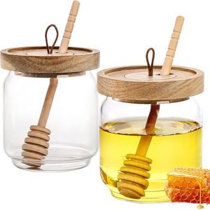 Cididu 2 Pack 14 Oz Honey Jars with Wooden Dipper, Glass Honey Pot with Acacia Lid, Clear Honey Container for Raw Honey, Syrup, Gift Idea for Home, Kitchen, Housewarming