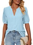 isermeo Women Tunic Tops Short Sleeve Shirts Ladies Summer Pleated Sleeve Blouse Sky Blue XL