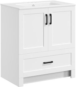 Yaheetech 30" Bathroom Vanity with Ceramic Basin, Freestanding Bathroom Storage Cabinet with 2 Soft-Close Door and 1 Tip-Out Drawer, Undermount Vanity Sink Cabinet, Easy-to-Clean, White