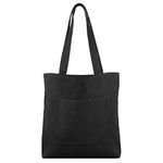 Kememo Corduroy Tote Bag with Zip, Shoulder Bag Women's Hobos Handbags Large Capacity Shopping Bag with Inner Pocket, Black