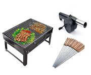 NGEL Folding Barbecue Grill Burn Oven Portable Box || Charcoal BBQ Grill Oven with Fan Air Blower And Bbq Stick || Home And Outdoor Travel,Picnic Charcoal bbq Set (Black)