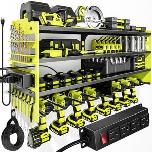 POKIPO Upgrade Power Tool Organizer Wall Mount with Charging Station,4 Layer Heavy Duty Metal Storage Rack Loads 600lbs with 8 Cordless Drill Holder,4 Outlet Power Strip Battery Utility Rack for Man