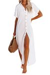 Dokotoo Womens Summer Beach Button Down Kimonos Long Cardigan Short Sleeve Side Split Casual Solid Loose Fit Bathing Suit Swimsuit Cover Ups for Women Cruise Resort Wear White Medium