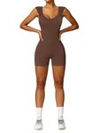 REORIA Workout Jumpsuits for Women Sexy Short Rompers Unitard Workout Bodysuits Sleeveless Summer One Piece Outfits 2024 (Coffee Large)