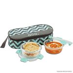 Allo FoodSafe Glass Lunch Box with Break Free Detachable Lock, Oven & Microwave Safe, Borosilicate Glass Container, Office Tiffin with Chevron Mint Flat Bag, Set of 2, 390ml, Round