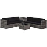 Outsunny 8 Pieces Outdoor PE Rattan Sofa Set with Cushions, Patio Garden Furniture Sets with Glass Top Coffee Table, Storage Corner Table, Grey