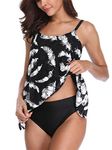 FLYILY Tankini Sets for Women Tummy Control Swimwear Beachwear 2 Piece Bikini Sets Plus Size Swimsuit (Feather, XL)