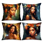 Tucocoo African Woman Throw Pillow Covers Decorative 18x18 inches Set of 4 Beautiful Black Girl Portrait Pillow Cases Modern Pillowcases Colorful Throw Cushion Case for Couch Sofa Bed Car Living Room