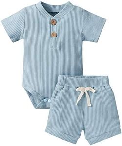 Ledy Champswiin Summer Newborn Baby Boy Girl Clothes Set Ribbed Outfits Unisex Infant Solid Short Sleeve Tops Shorts 2PCS, Ribbed Shorts Blue, 0-3 Months