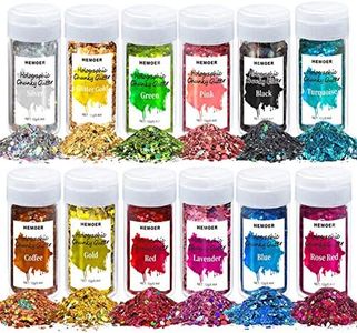 HEMOER Holographic Chunky Glitter, 12 Colors Chunky Glitter Sparkle Sequins, Cosmetic Craft Glitter Set for Epoxy Resin, Body, Face, Nail, Slime, Wedding Festival Party Decoration - 0.42oz Each Bottle