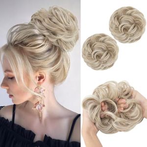 SARLA 2PCS Messy Hair Bun Hair Pieces Wavy Curly Synthetic Updo Fake Scrunchies Ponytail Extension for Women Ivory Grey