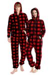 Loiahoer Unisex Adults Buffalo Plaid Onesie Pajamas Hooded Christmas PJS for Family Jumpsuit Thermal with Pockets Zipper, Black+red, X-Large