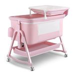 Uuoeebb 4 in 1 Bedside Crib, Bassinet, Baby Crib with Changing Table, Baby Bassinet with Wheels, Travel Cot with Mattress Included, Five Level Height Adjustable Baby Cribs for Newborn (Pink)