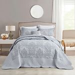 CHIXIN Oversized Bedspread Coverlet Set King Size - Lightweight Bedding Cover - Beautiful Stitching - 4 Piece Reversible Bedspread - Luxury Damask Paisley Pattern (King, Light Grey)