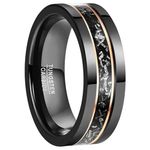 NUNCAD Black Tungsten Ring for Men Rose Gold Strips and Meteorite Inlay Polished/Hammered Edge Wedding Band Comfort Fit Size 7-12, 8, No Gemstone