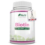 Biotin 10,000mcg - 365 Vegan Micro Tablets - 1 Year Supply - Hair, Skin & Nails Growth Supplement for Women & Men - Made in The UK - Nu U Nutrition