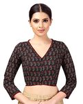 Studio Shringaar Women's Cotton 3/4 Sleeves Block Printed Cotton V Neck Saree Blouse (Black, 40)