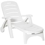 Outsunny Outdoor Folding Plastic Chaise Lounge Chair on Wheels, Patio Sun Lounger Recliner & 5-Position Backrest for Garden, Beach, Pool, White