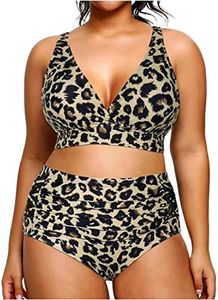 Yonique Womens Plus Size Bikini High Waisted Swimsuits Two Piece Bathing Suits Tummy Control Swimwear, Leopard 01, 16 Plus