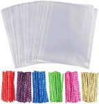 Cellophane Treat Bags 100 Pcs Clear Cello Candy Cookie Lollipop Bakery Dessert Cello Flat Goodie Bag with 100 Twist Ties Resealable 3" x 4"