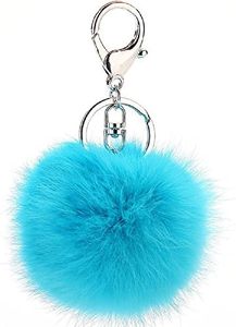 ETENOVA Pom Pom Keychain Genuine Rabbit Fur Ball Keychain Fluffy Accessories Car Bag Charm, Sky Blue