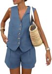 PRETTYGARDEN Women's Summer 2 Piece Outfits Sleeveless Matching Sets Button Down V Neck Vest Waistcoat and Pockets Shorts (Denim Blue,X-Small)