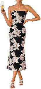 ZESICA Women's Summer Strapless Floral Midi Dress 2026 Bodycon Mesh Tube Wedding Guest Cocktail Party Formal Dresses Black Medium