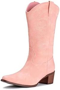 IUV Cowboy Boots For Women Mid Calf Western Boots Cowgirl Pull-On Tabs Pointy Toe Boot, Pink, 5