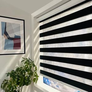 ShadesU Cordless Zebra Blinds – Light Filtering Dual-Layer Window Shades for Privacy (Black Color) (Maximum Height 72") (Width 90")