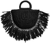 Floerns Women's Straw Bag Holiday Beach Vacation Fringe Trim Handbag Black One-Size