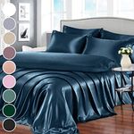 Homiest 7pcs Satin Sheets Queen Size Bed Set Satin Sheet Set, Deep Sea Blue Bed Sheets Luxury Silky Satin Bedding Set, 1 Deep Pocket Fitted Sheet, 1 Soft Flat Sheet, 4 Pillowcases, 1 Body Pillowcase