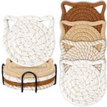 Whaline Fall Cat Ear Coasters Set Brown White Handmade Braided Cotton Coasters Non-Slip Absorbent Drink Coasters with Holder for Autumn Table Protection Housewarming Gifts Home Decor, 4Pcs