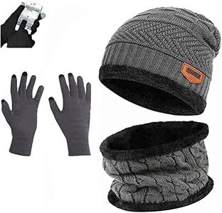 Aufondof 3 Pack Winter Knit Beanie Scarf Gloves Set for Men Thick Warm Sets Knitted Scarf Beanie Hat Touchscreen Gloves Neck Warmer with Fleece Lining (Grey)