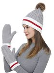 Belle Dame Winter Pompom Beanie Hat and Mittens Set for Women Knit Winter Hat and Gloves Set Fleece Lined (HT495/GL495)