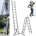 3.8M (1.9m+1.9m) Extendable A-Frame Ladder & Straight Ladder, Heavy Duty Multi-Purpose Stainless Steel Telescopic Loft Ladder, Portable Extension Extend Steps Ladder, Max Load 150kg, EN131