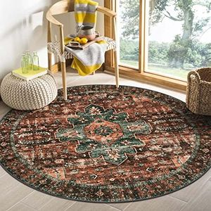 Moynesa Ultra-Thin Washable Round Rug - 4Ft Area Rugs for Bedroom Brown Bathroom Circle Mat, Non Slip Shedding Low Pile Indoor Floor Carpet Living Room Coffee Table, Brown, Brick Red/Dull Teal