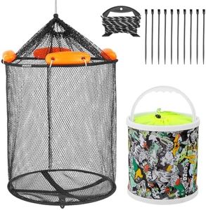 Eolivees Floating Fish Basket Extra Large Foldable Fishing Basket Live Caught Fish Collapsible Mesh Bait Pen Heavy Duty Coated Fishing Net Cage with Foldable Fishing Bucket