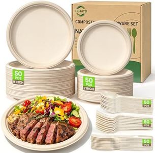 FEHHTO Compostable Paper Plates Set, 250PCS Disposable Heavy-Duty Sugarcane Plate and Eco-Friendly Utensil Biodegradable Dinnerware Plates, Extra Long Forks & Knives & Spoons for Party