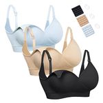 HOFISH Nursing Bras for Breastfeeding Seamless Ultra Comfort Maternity Bra, Pregnancy Sleep Bralette 3Pack Black Beige Blue Large