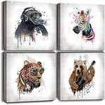 Byllyaz Animals Canvas Wall Art for Bedroom Decor Vintage Watercolor Music Chimpanzee with Zebra Bear Leopard Framed Print Picture for Kids Room 4Pcs/Set 12x12