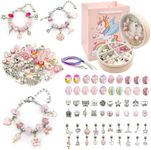 Bracelet Making Kit for Girls, IGGDPQO 68PCS Gold Charm Bracelets Kit with Jewelry Box, Bracelets for DIY Craft, Jewelry Gift Adults and Kids, Present for 7-12 Year Old Girl(Pink)