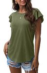 PrinStory Summer Womens Top Casual Short Sleeve T-Shirt Ruffle Sleeve Shirt Olive Green Medium