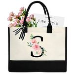 sundee Personalized Initial Canvas Beach Bag, Canvas Tote Bag with Inner Zipper Pocket, Monogrammed Gifts Tote Bag for Wedding, Birthday, Holiday - Letter S