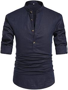 NITAGUT Men Henley Neck Long Sleeve Daily Look Linen Shirts Casual Beach T Shirts Navy Blue-US XL