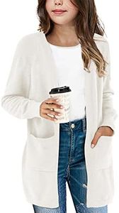 Amarmia Girl's Open Front Cardigan Long Sleeve Knit Sweaters Solid Cute Casual Loose Outerwear Coats with Pockets, White, 10-12 Years