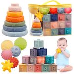 Plunack Baby Toys 6-12 Months Montessori Sensory Toys for Toddlers 3 in 1 Stacking Building Blocks Soft Infant Teething Toys Educational Learning Toys for Babies 3-6-9-12 Months Boys Girls