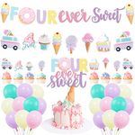 Four Ever Sweet Ice Cream Donut Birthday Party Decorations, Four Ever Sweet Party Banner Cake Cupcake Toppers Macaron Balloons for Kids Ice Cream 4th Birthday Party, Girls Donut 4th Birthday Party